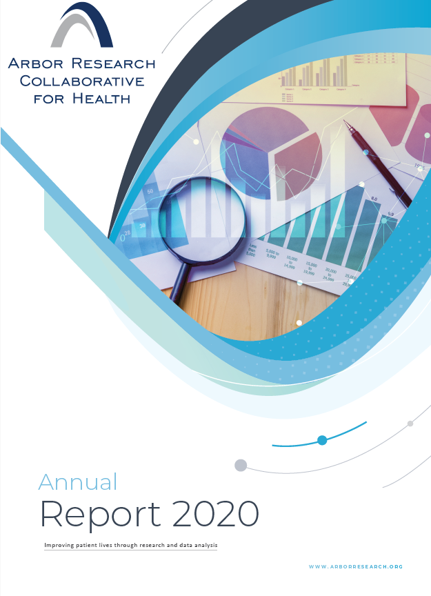 2020 Annual Report cover. The top two thirds show an oval shape with elements inside. The elements are a magnifying glass, charts, and presentation images. Below that, in thin type, the report title is shown.
